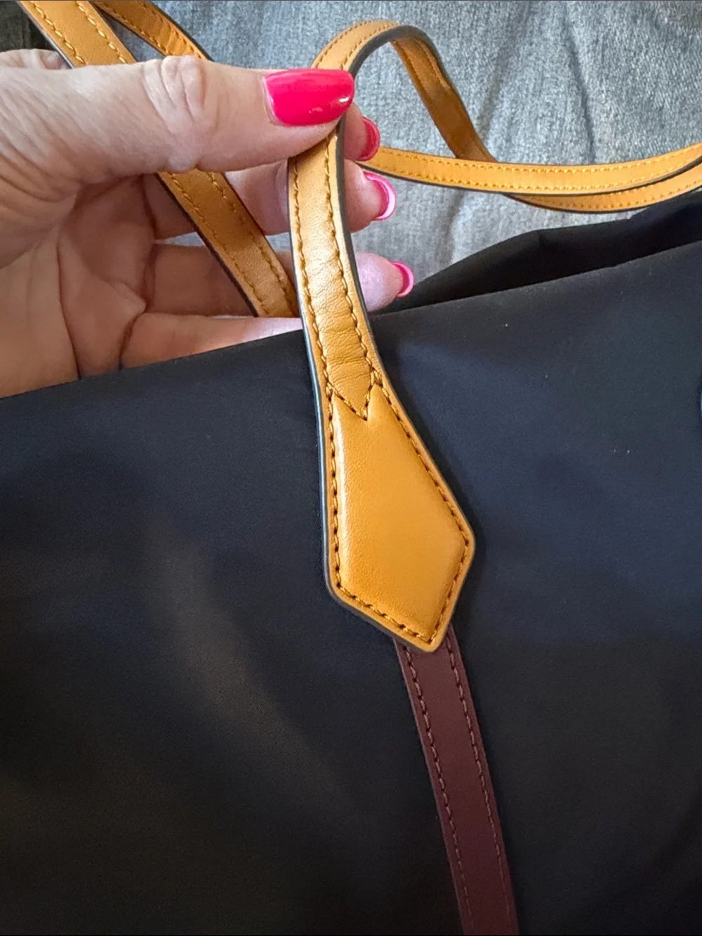 Tory Burch Black Tote with Yellow Handles and Burgundy Trim - Picture 8 of 12